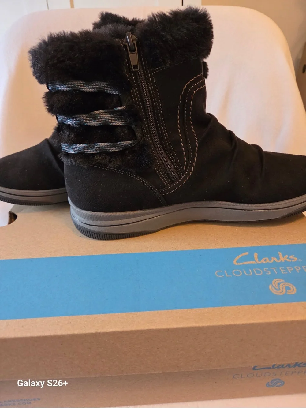 Clarks Black Suede Faux-Fur Trim Winter Ankle Boots